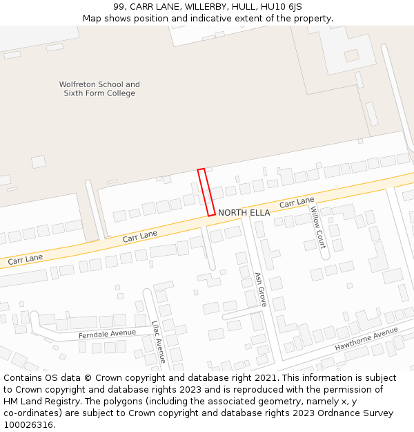 99, CARR LANE, WILLERBY, HULL, HU10 6JS: Location map and indicative extent of plot