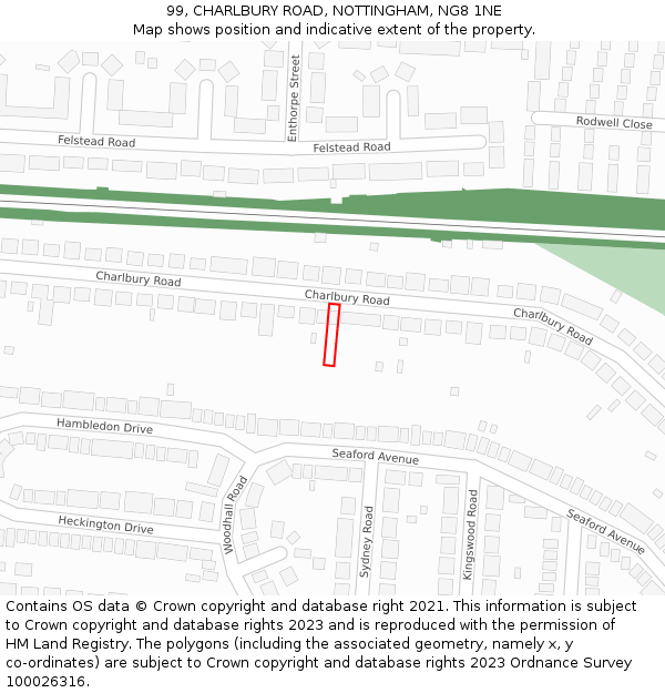 99, CHARLBURY ROAD, NOTTINGHAM, NG8 1NE: Location map and indicative extent of plot