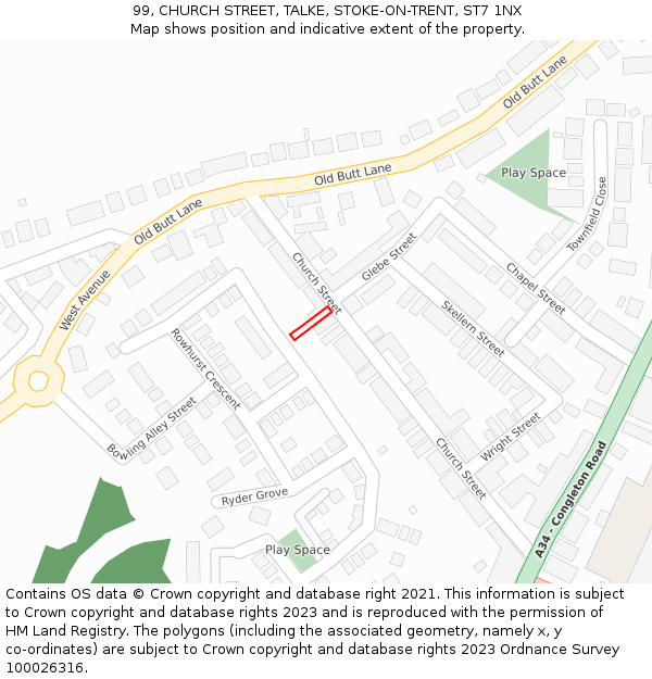 99, CHURCH STREET, TALKE, STOKE-ON-TRENT, ST7 1NX: Location map and indicative extent of plot