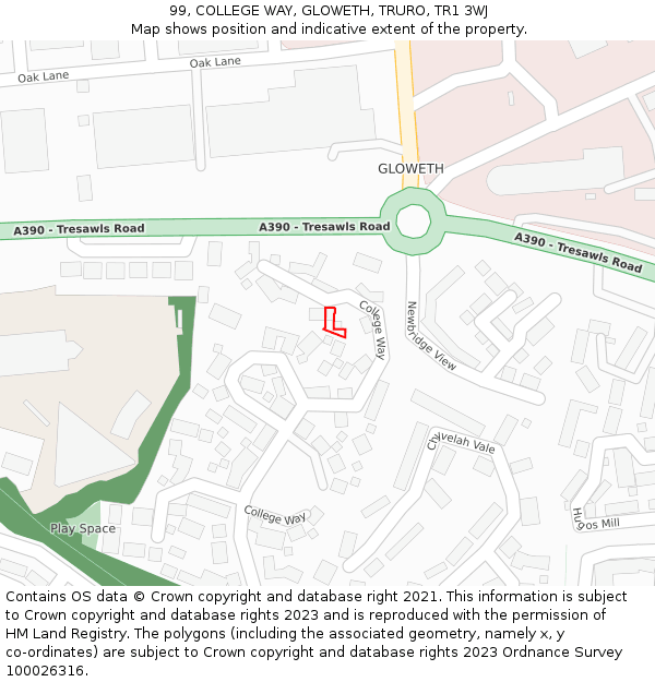 99, COLLEGE WAY, GLOWETH, TRURO, TR1 3WJ: Location map and indicative extent of plot