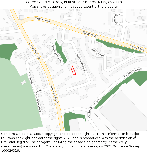 99, COOPERS MEADOW, KERESLEY END, COVENTRY, CV7 8RG: Location map and indicative extent of plot