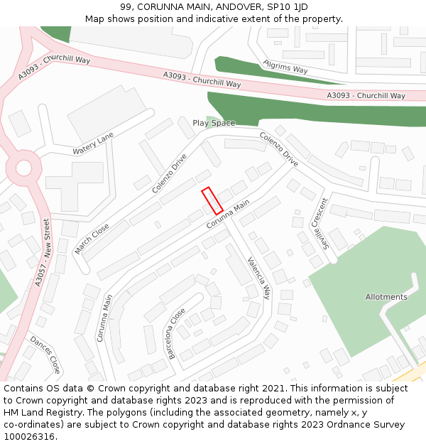 99, CORUNNA MAIN, ANDOVER, SP10 1JD: Location map and indicative extent of plot