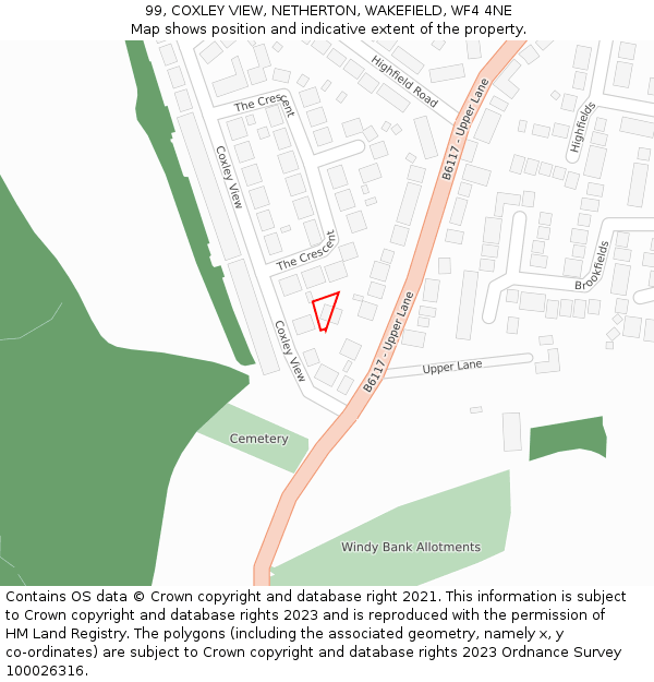99, COXLEY VIEW, NETHERTON, WAKEFIELD, WF4 4NE: Location map and indicative extent of plot