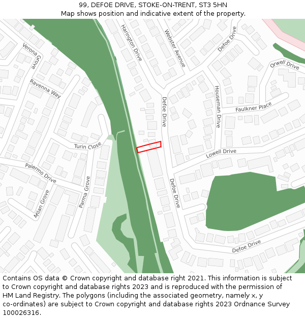 99, DEFOE DRIVE, STOKE-ON-TRENT, ST3 5HN: Location map and indicative extent of plot