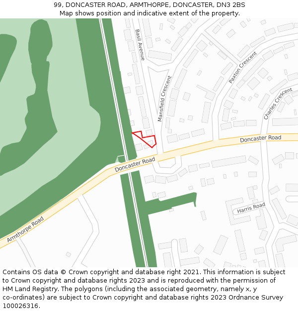 99, DONCASTER ROAD, ARMTHORPE, DONCASTER, DN3 2BS: Location map and indicative extent of plot