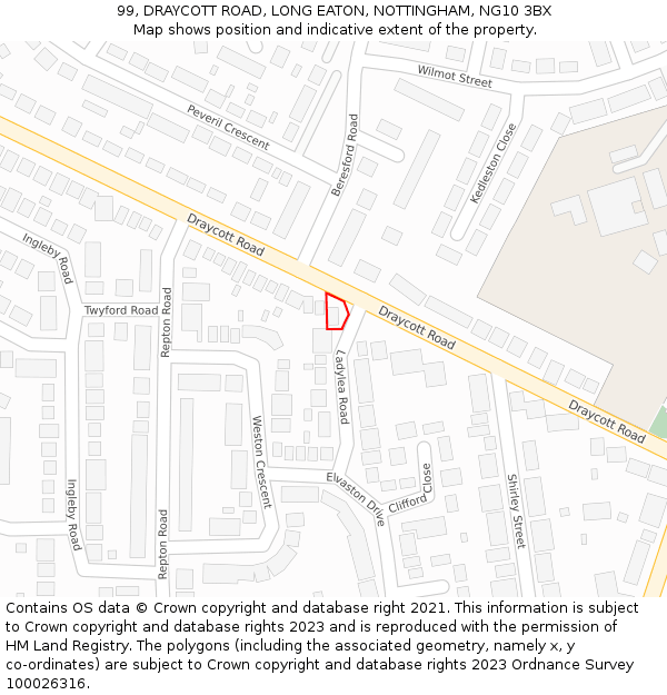 99, DRAYCOTT ROAD, LONG EATON, NOTTINGHAM, NG10 3BX: Location map and indicative extent of plot