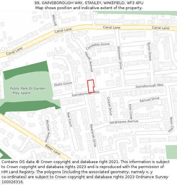 99, GAINSBOROUGH WAY, STANLEY, WAKEFIELD, WF3 4PU: Location map and indicative extent of plot