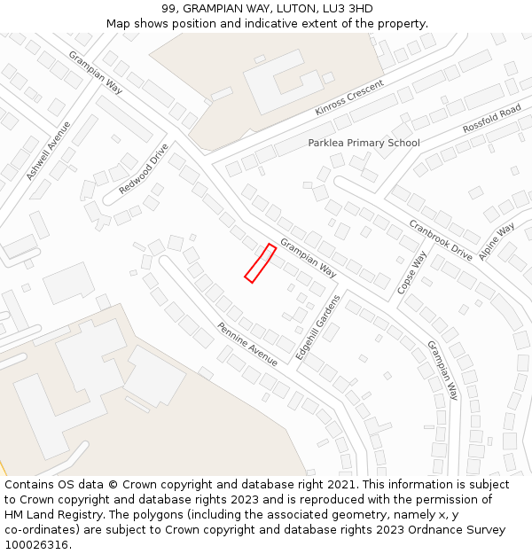 99, GRAMPIAN WAY, LUTON, LU3 3HD: Location map and indicative extent of plot