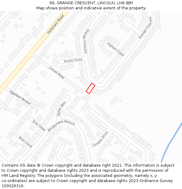 99, GRANGE CRESCENT, LINCOLN, LN6 8BY: Location map and indicative extent of plot