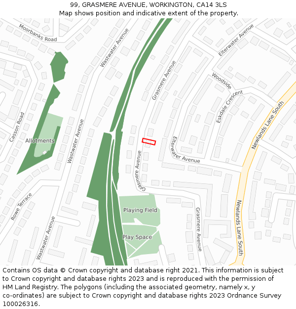 99, GRASMERE AVENUE, WORKINGTON, CA14 3LS: Location map and indicative extent of plot