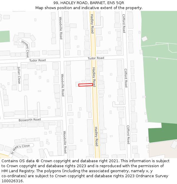 99, HADLEY ROAD, BARNET, EN5 5QR: Location map and indicative extent of plot