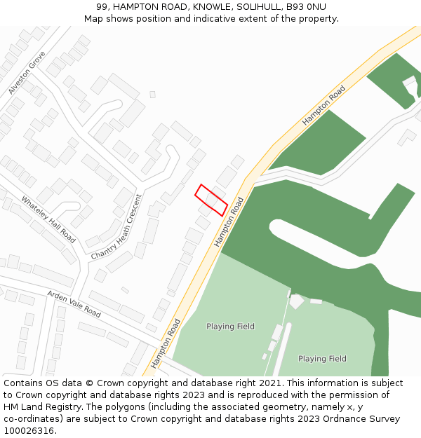 99, HAMPTON ROAD, KNOWLE, SOLIHULL, B93 0NU: Location map and indicative extent of plot