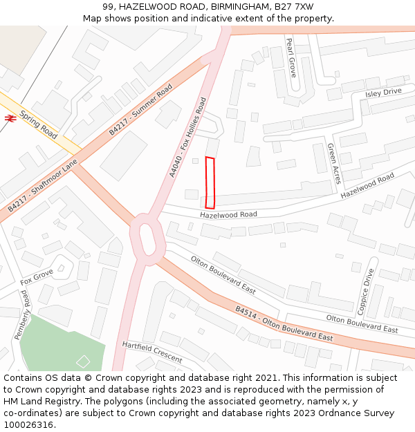 99, HAZELWOOD ROAD, BIRMINGHAM, B27 7XW: Location map and indicative extent of plot