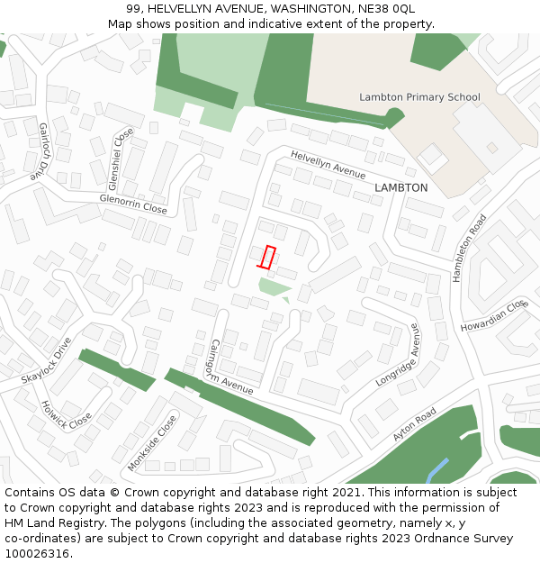 99, HELVELLYN AVENUE, WASHINGTON, NE38 0QL: Location map and indicative extent of plot