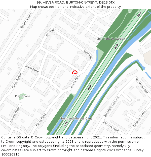 99, HEVEA ROAD, BURTON-ON-TRENT, DE13 0TX: Location map and indicative extent of plot