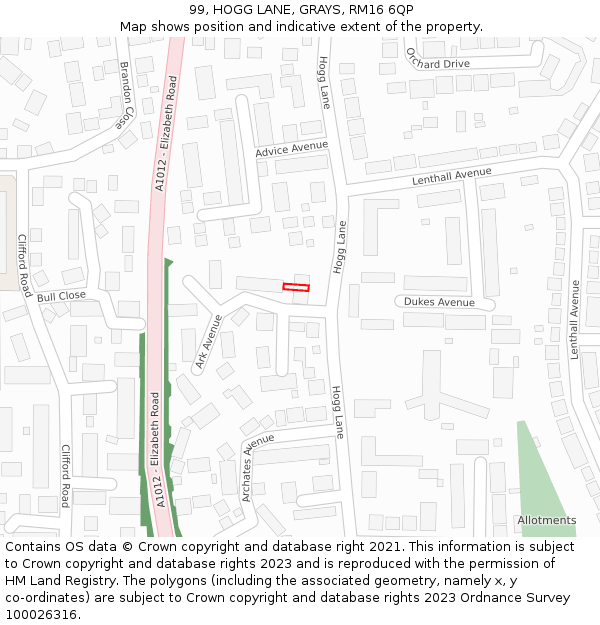 99, HOGG LANE, GRAYS, RM16 6QP: Location map and indicative extent of plot