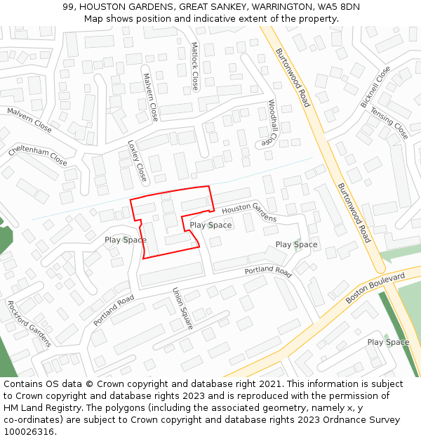 99, HOUSTON GARDENS, GREAT SANKEY, WARRINGTON, WA5 8DN: Location map and indicative extent of plot