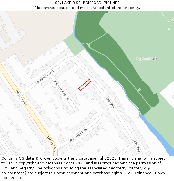 99, LAKE RISE, ROMFORD, RM1 4EF: Location map and indicative extent of plot