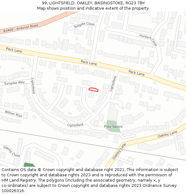 99, LIGHTSFIELD, OAKLEY, BASINGSTOKE, RG23 7BY: Location map and indicative extent of plot