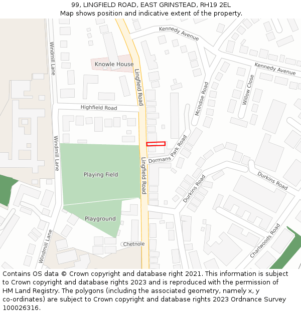 99, LINGFIELD ROAD, EAST GRINSTEAD, RH19 2EL: Location map and indicative extent of plot