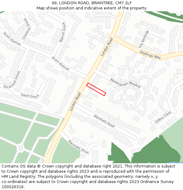 99, LONDON ROAD, BRAINTREE, CM7 2LF: Location map and indicative extent of plot