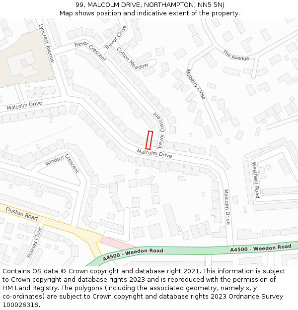99, MALCOLM DRIVE, NORTHAMPTON, NN5 5NJ: Location map and indicative extent of plot