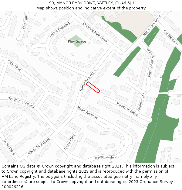 99, MANOR PARK DRIVE, YATELEY, GU46 6JH: Location map and indicative extent of plot