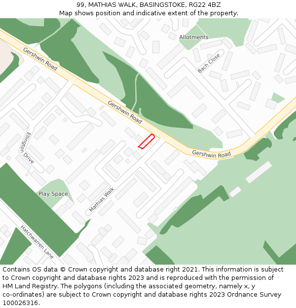 99, MATHIAS WALK, BASINGSTOKE, RG22 4BZ: Location map and indicative extent of plot