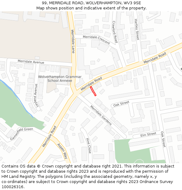 99, MERRIDALE ROAD, WOLVERHAMPTON, WV3 9SE: Location map and indicative extent of plot