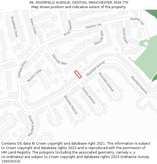 99, MOORFIELD AVENUE, DENTON, MANCHESTER, M34 7TX: Location map and indicative extent of plot