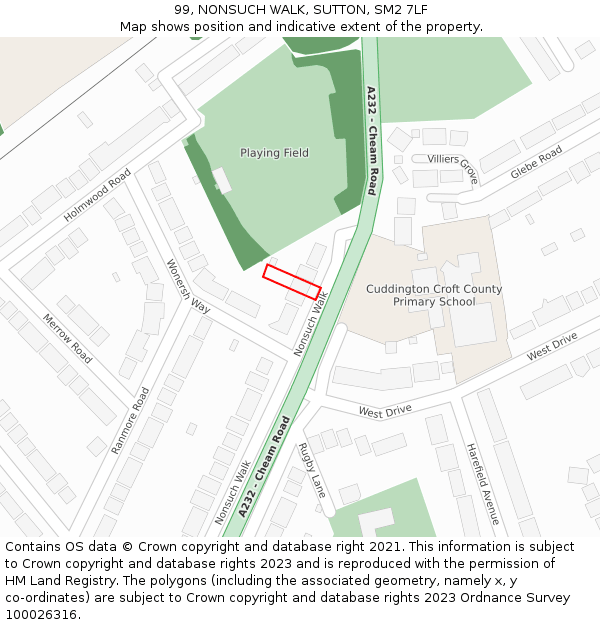 99, NONSUCH WALK, SUTTON, SM2 7LF: Location map and indicative extent of plot