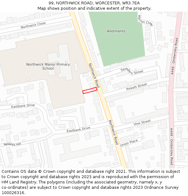 99, NORTHWICK ROAD, WORCESTER, WR3 7EA: Location map and indicative extent of plot