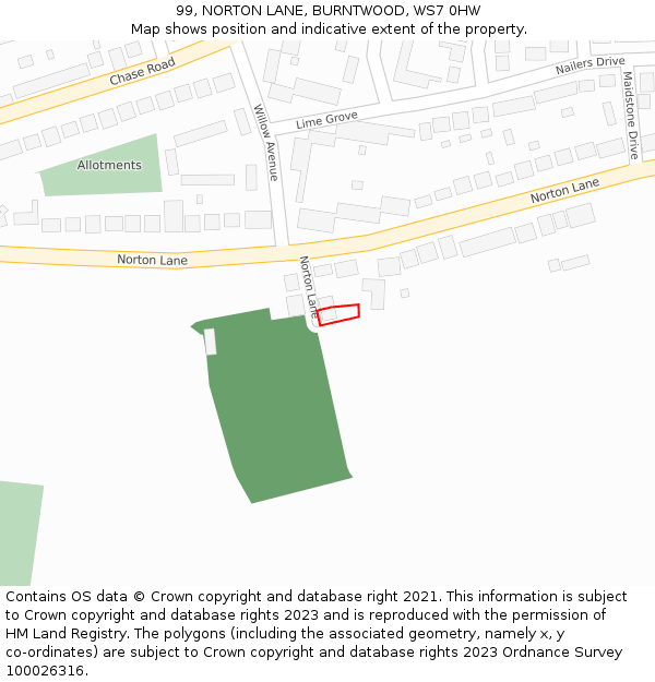 99, NORTON LANE, BURNTWOOD, WS7 0HW: Location map and indicative extent of plot