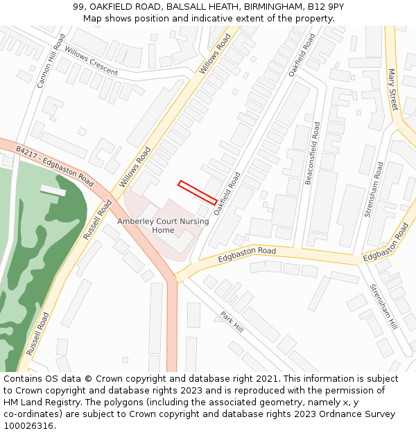 99, OAKFIELD ROAD, BALSALL HEATH, BIRMINGHAM, B12 9PY: Location map and indicative extent of plot