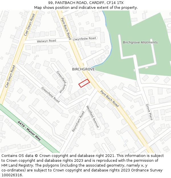 99, PANTBACH ROAD, CARDIFF, CF14 1TX: Location map and indicative extent of plot