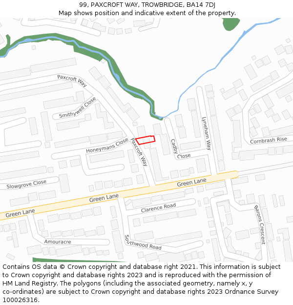 99, PAXCROFT WAY, TROWBRIDGE, BA14 7DJ: Location map and indicative extent of plot