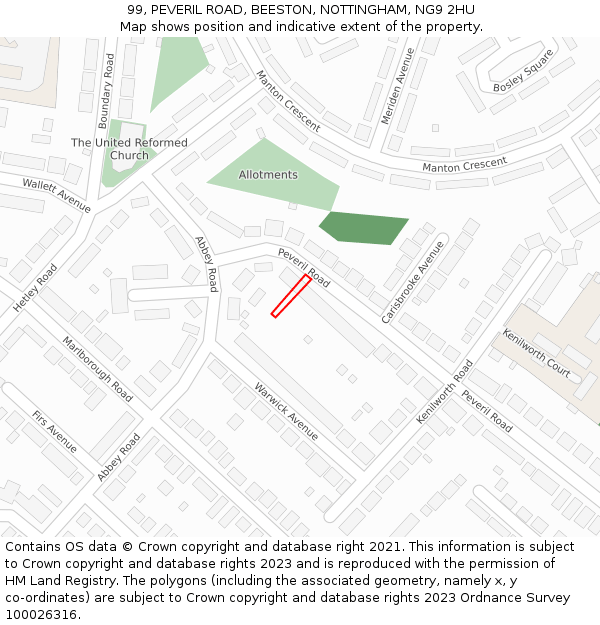 99, PEVERIL ROAD, BEESTON, NOTTINGHAM, NG9 2HU: Location map and indicative extent of plot