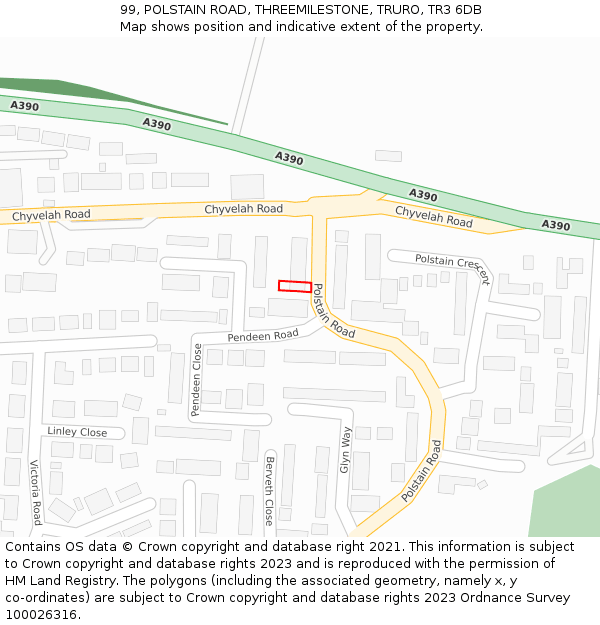 99, POLSTAIN ROAD, THREEMILESTONE, TRURO, TR3 6DB: Location map and indicative extent of plot