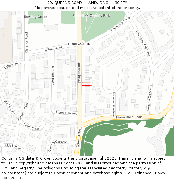 99, QUEENS ROAD, LLANDUDNO, LL30 1TY: Location map and indicative extent of plot