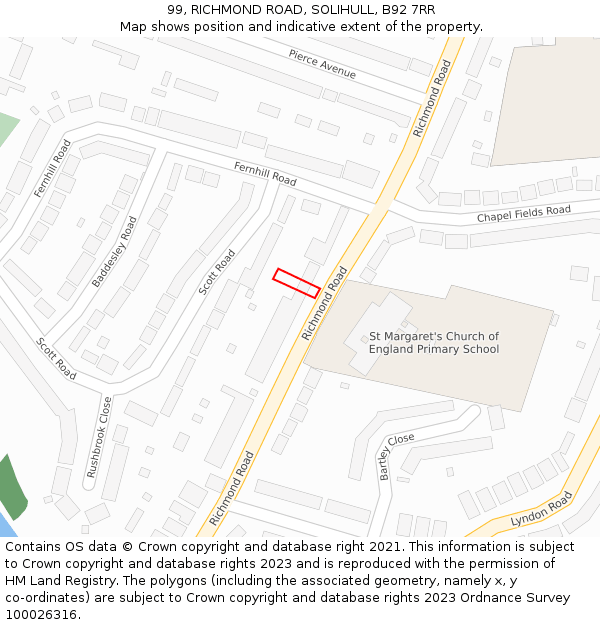 99, RICHMOND ROAD, SOLIHULL, B92 7RR: Location map and indicative extent of plot