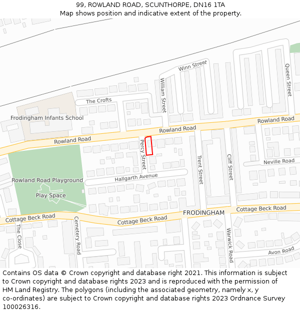 99, ROWLAND ROAD, SCUNTHORPE, DN16 1TA: Location map and indicative extent of plot