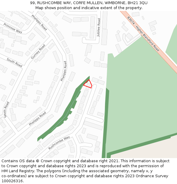 99, RUSHCOMBE WAY, CORFE MULLEN, WIMBORNE, BH21 3QU: Location map and indicative extent of plot