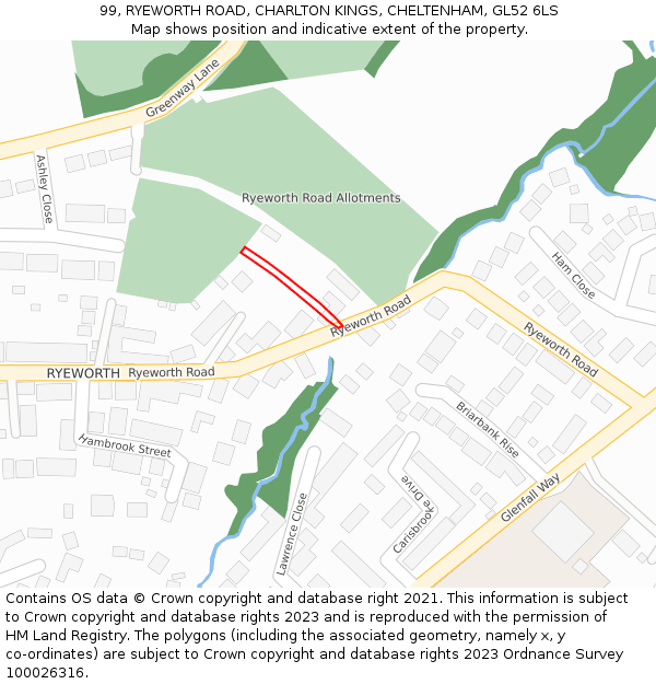 99, RYEWORTH ROAD, CHARLTON KINGS, CHELTENHAM, GL52 6LS: Location map and indicative extent of plot