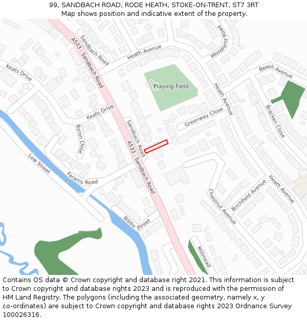 99, SANDBACH ROAD, RODE HEATH, STOKE-ON-TRENT, ST7 3RT: Location map and indicative extent of plot