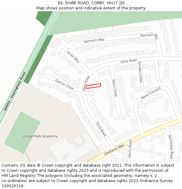 99, SHIRE ROAD, CORBY, NN17 2JS: Location map and indicative extent of plot