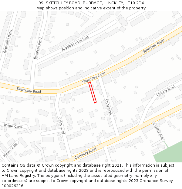 99, SKETCHLEY ROAD, BURBAGE, HINCKLEY, LE10 2DX: Location map and indicative extent of plot