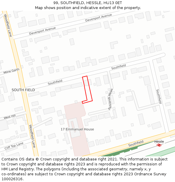 99, SOUTHFIELD, HESSLE, HU13 0ET: Location map and indicative extent of plot