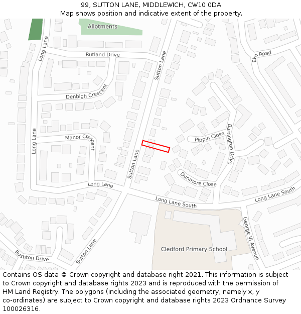 99, SUTTON LANE, MIDDLEWICH, CW10 0DA: Location map and indicative extent of plot