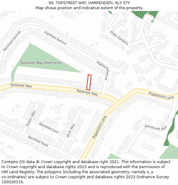 99, TOPSTREET WAY, HARPENDEN, AL5 5TY: Location map and indicative extent of plot