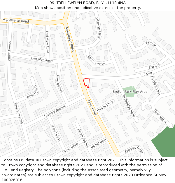 99, TRELLEWELYN ROAD, RHYL, LL18 4NA: Location map and indicative extent of plot